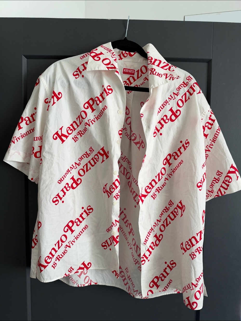 Kenzo White Short-Sleeve Button-Down with Red Logo Print